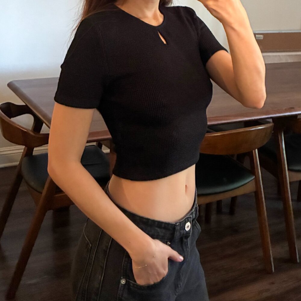Zara Textured Weave Cropped Top With Keyhole